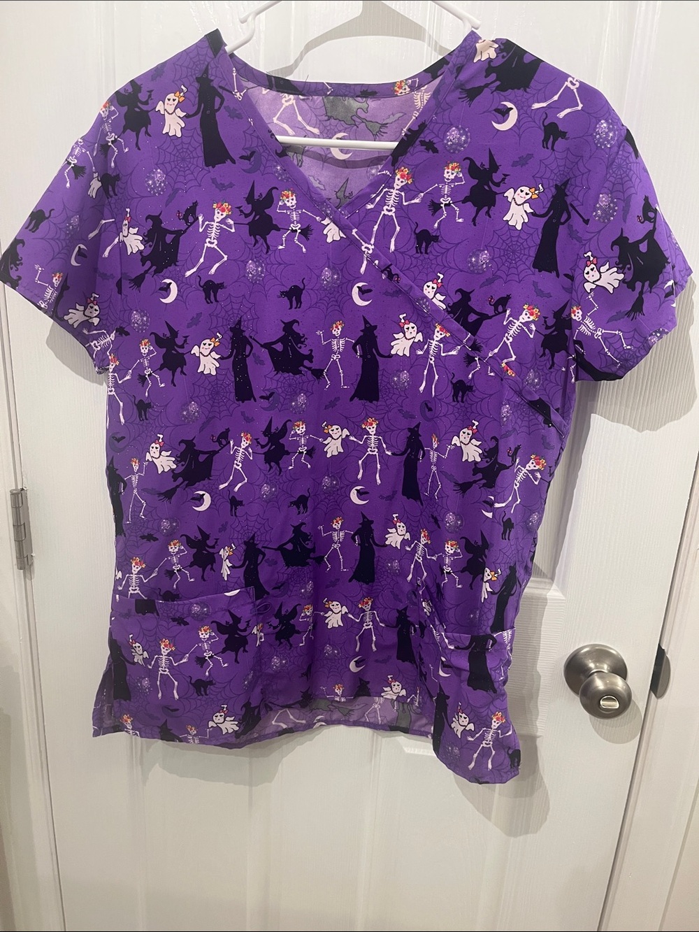 Purple Halloween Print Scrub Top